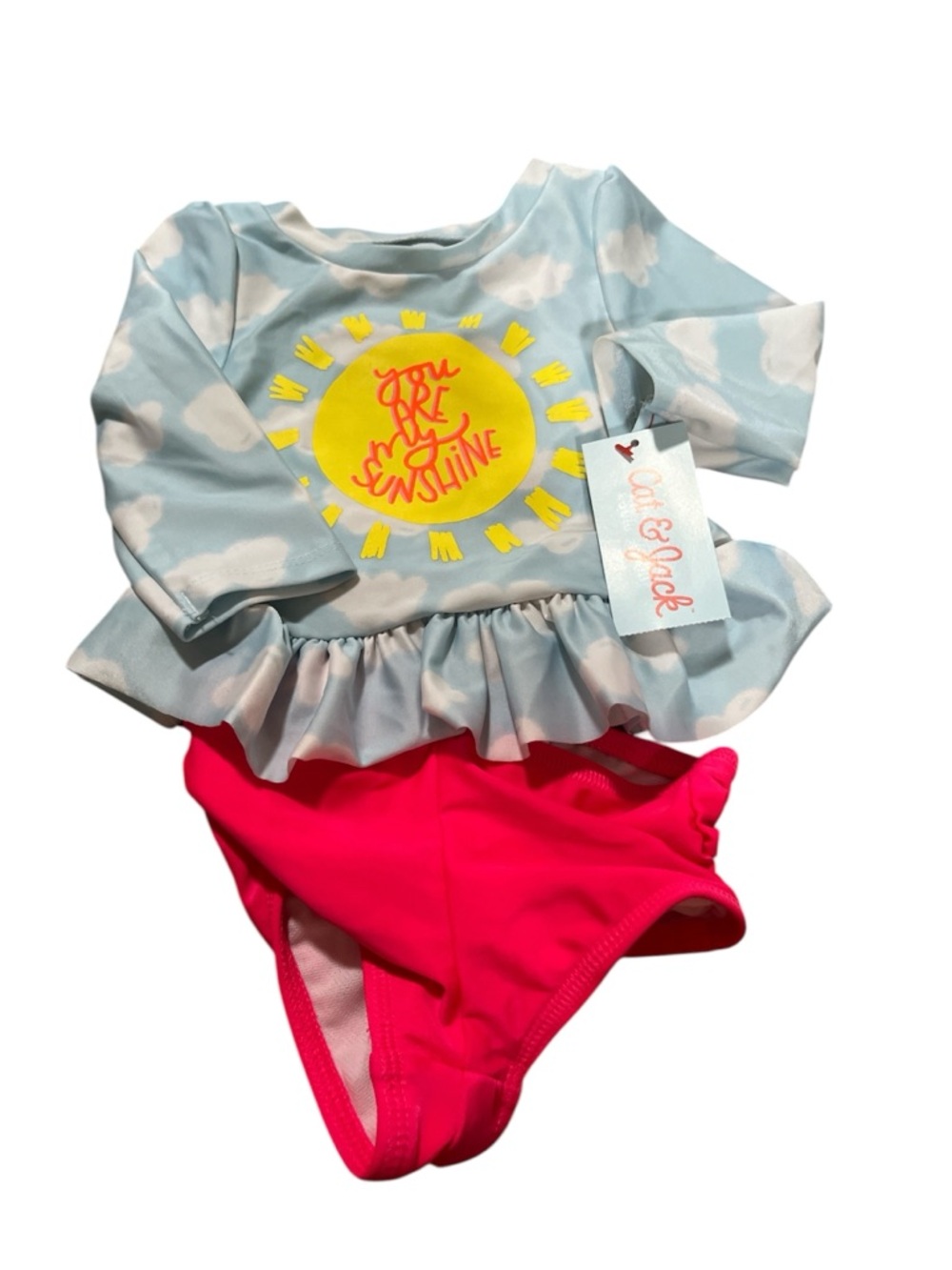 9 months Kids Two-Piece Swim Set - Light Blue Cloud Top with Hot Pink Bottom